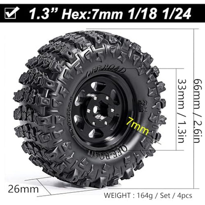 1.3” Aluminum Beadlock Wheels & Mud Terrain Tires Set for 1/18 1/24, -7.6mm Offset RC Crawler Car Fits TRX4M, Axial SCX24 AX24, Redcat Ascent-18, FCX24, 66 x 26mm, Pre-Assembled, 4 pcs Black - color: Black