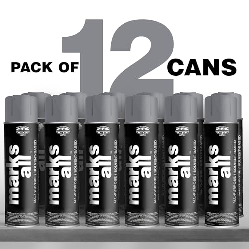 Fox Valley 18oz Marks All Solvent-Based Marking Paint Spray, 12-Pack Aluminum – Long-Lasting, Weather-Resistant Spray Paint for Wet or Dry Surfaces Like Metal, Grass, Concrete, Wood, & More - color: Aluminum