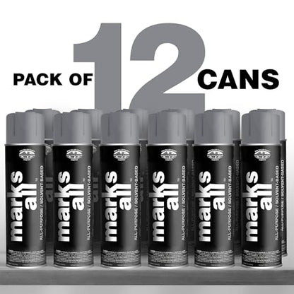 Fox Valley 18oz Marks All Solvent-Based Marking Paint Spray, 12-Pack Aluminum – Long-Lasting, Weather-Resistant Spray Paint for Wet or Dry Surfaces Like Metal, Grass, Concrete, Wood, & More - color: Aluminum