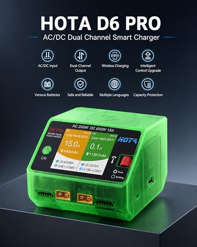 HOTA D6 Pro Lipo Battery Charger,Dual Channel 15A AC200W DC650W Smart Balance Charger with Wireless Charging Panel USB Output for 1-6S LiPo LiHV NiMH Pb Batteries RC Car Boat FPV (Transparent Green) - color: Transparent Green
