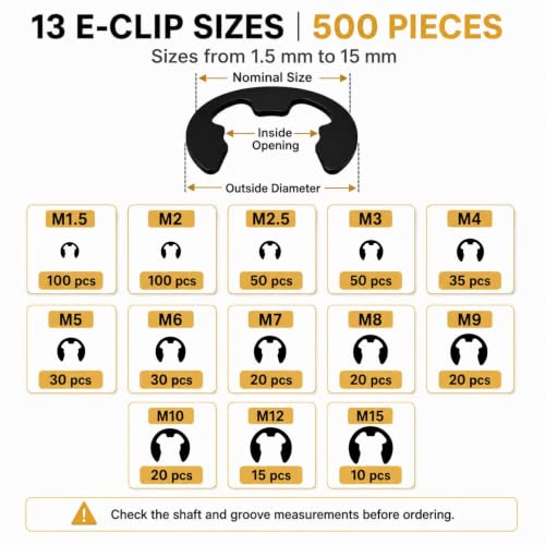1000-Piece C Clips & E Clips Assortment Kit - 32 Sizes, Retaining Rings | Black carbon steel snap ring kit: 32 metric sizes, C clips M3-M28 and E clips 1.5-15 mm, labeled case for automotive repair