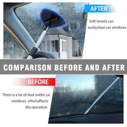 4 Pack Windshield Cleaning Tool with Extendable Handle, Blue | aluminum ABS and microfiber body, pivoting head, reusable cloth pads, fits most vehicle glass, auto cleaning tools - color: Blue