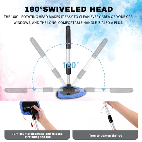 Windshield Cleaning Tool, Car Window Cleaner with Extendable Handle, 4 Microfiber Pads and Spray Bottle, Auto Interior Exterior Glass Wiper Cleaning Kit Universal for RV, SUV, Truck (Blue) - color: Blue