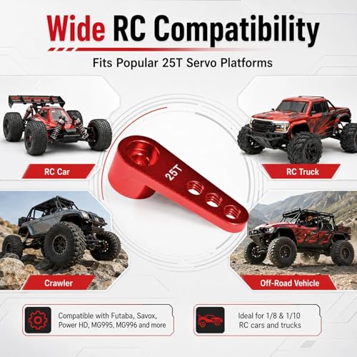 2PCS 25T Aluminum Servo Horn, 3-Hole RC Steering Arm for Futaba Savox MG995 | CNC Aluminum Servo Arm M3 Thread Adjustable Linkage 12mm 16mm 20mm Positions 1/8 1/10 RC Power HD MG996 Crawler Buggy Truck - color: Red