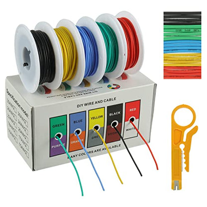 BOJACK 26 AWG Flexible Silicone Wire Electric Wire Hook up Wire Kit 300V Cables with Plus 20 φ3mm Heat Shrink Tubings and a Mini Wire Stripper(5 Colors 32.81Ft Each Color, 26AWG) - size: 26 AWG Silikondraht