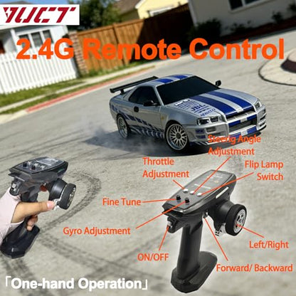 YUCT LDRC LD1899 1/18 RWD Nissan Skyline GTR R34 RC Drift Car with Gyro | 2.4GHz RWD with Gyroscope Alloy Body Extra Metal Drift Tires & Mini Roadblock, Silver - color: Ld1899-silver