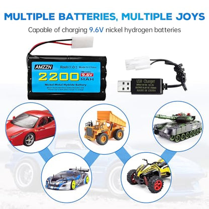 9.6V 2200mAh AA NiMH Battery with Tamiya Plug and USB Charging Cable for RC Toy Cars, Trucks, Tanks, Engineering Vehicles, RC Ships, Rechargeable Battery Accessories (1PCS Battery+1 USB)