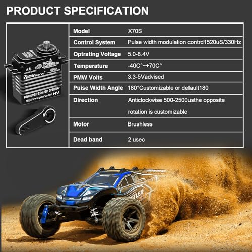 GOUPRC 70kg High Torque 8.4V Metal Oblique Gear High Speed Servo IP68 Waterproof Upgraded All Aluminum Case for 1/8 1/10 1/12 RC Car Crawler Boat Robot (X70S 70kgServo)