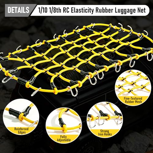 1/10 RC Elastic Cargo Net with Hooks, 240×140mm Roof Luggage Net for SCX10 | Compatible with 1/10 1/8 Traxxas TRX-4, D90, D110, SCX10, 90046 1/10 1/8 Crawler Truck Buggy Rack Accessories (Yellow) - color: Yellow