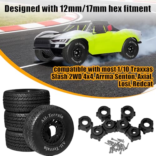 1/10 RC Short Course Truck Rubber Tires & Nylon Rims - 12mm/17mm Hex, Black | All-Terrain Tires and Wheels Compatible with 1/10 Traxxas Slash 4WD 2WD Arrma Senton Axial Losi Redcat RC Buggy, 4-Pack - color: Black