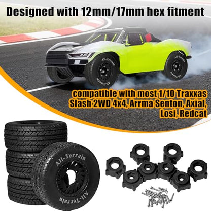 1/10 RC Short Course Truck Rubber Tires & Nylon Rims - 12mm/17mm Hex, Black | All-Terrain Tires and Wheels Compatible with 1/10 Traxxas Slash 4WD 2WD Arrma Senton Axial Losi Redcat RC Buggy, 4-Pack - color: Black