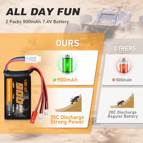 SCX24 Battery 7.4V 900mAh Lipo Battery 2S 35C(Burst 70C) FCX24 Battery with PH2.0&JST&Molex Plug Fit for FMS SCX24 RC Car WLtoys A949 A959 A969 A979 K929 Most 1/10 1/16 1/18 1/24 RC Car Truck - style: 2PACK