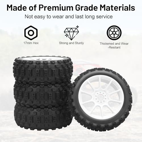 1/8 RC Car Tires and Wheels, daitoku 17mm Hex RC Buggy Tires for 1/8 Arrma Typhon 3S 6S HSP Kyosho MP10 (White)