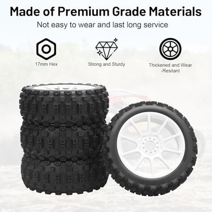 1/8 RC Car Tires and Wheels, daitoku 17mm Hex RC Buggy Tires for 1/8 Arrma Typhon 3S 6S HSP Kyosho MP10 (White)