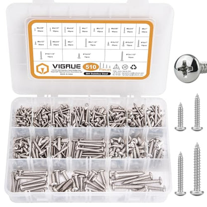 VIGRUE 510Pcs Stainless Steel Wood Screws Assortment Kit, #4#6#8#10#12 Phillips Pan Head Sheet Metal Screws Self Tapping Screws Set,Length 3/8" to 1-1/2" - style: 510Pcs Pan Head #4#6#8#10#12