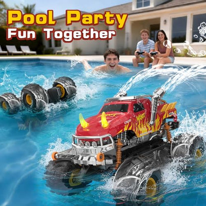 1:16 Waterproof Monster Truck Toys RC Cars Amphibious Remote Control Car Water Blaster Trucks 4WD All Terrain Off-Road Pickup Water Toy for 6-12 Year Old Kids Back-to-School Season - color: Red