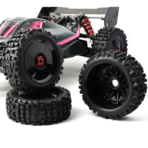 Preglued 1/8 Scale RC Buggy Truggy Tires & Wheels Set 17mm Hex Wheels Tyres- All-Terrain Deep Tread, Compatible with 1/8 Arrma Typhon, Losi, Team Associated, HPI (black rims) - color: black solid-dish rc wheels