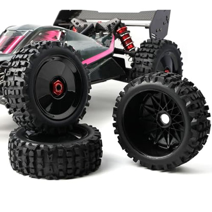 Preglued 1/8 Scale RC Buggy Truggy Tires & Wheels Set 17mm Hex Wheels Tyres- All-Terrain Deep Tread, Compatible with 1/8 Arrma Typhon, Losi, Team Associated, HPI (black rims) - color: black solid-dish rc wheels
