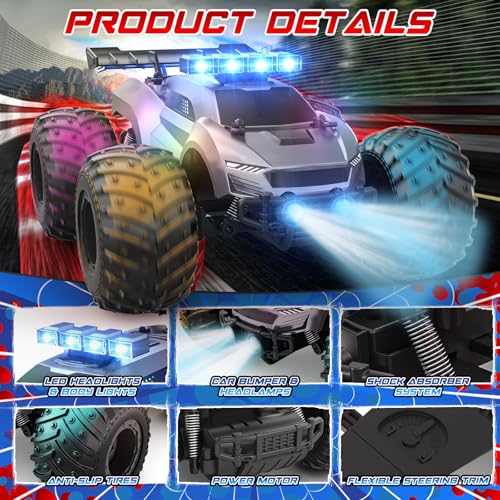 EpochAir 1:18 Remote Control Car 20km/h with 2 Rechargeable Battery 2.4GHz | All Terrain Off-Road Monster Truck with Bodylights&Headlights &Headlamps, Toy Car Gift for 3-12 Year Old Boys Girls Kids - color: Gray