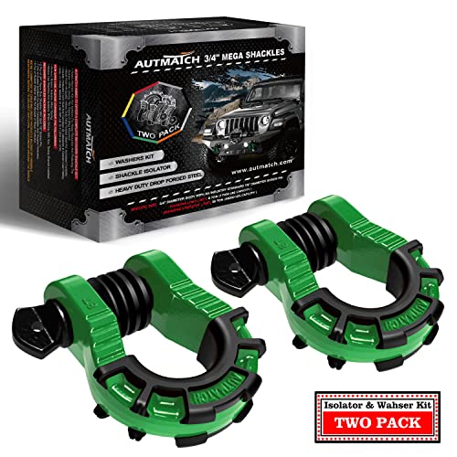 AUTMATCH D Ring Shackle 3/4" Mega Shackle (2 Pack) 68,000Ibs Break Strength - Heavy Duty Clevis Shackle with 7/8" Screw Pin & Isolator Washer for Tow Strap Winch Off Road Vehicle Recovery, Dark Green - color: Dark Green & Black