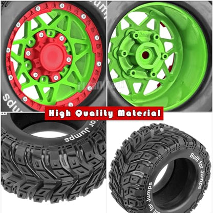RC Truck Tires 12mm/14mm/17mm Hex RC Wheels and Tires for 1/10 Big Rock Granite Vortek/Stampede Rustler Hoss/L0s1 Rc 4wd,RC Monster Truck Car Wheel 4Pcs,Green Red - color: Green Red - (12mm/14mm/17mm Hex)