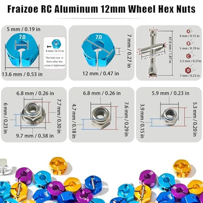 Aluminum 12mm Hex Wheel Hub 4Pcs w/Axle Pin M4 Flange Lock Nut Standard M3 M4 Nut 7mm Thickness Wheel Drive Adapter for 1/10 Traxxas HSP Redcat Rc4wd Tamiya Axial SCX10 WLtoy RC Car(25Pcs) - color: Sky Blue, size: 7.0