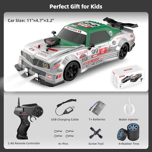 RC Drift Car with Spray Remote Control Cars, 1/16 2.4GHz 4WD Remote Control Drift Car Drifting RC Cars with LED Lights and Drifting Tires Toy for Adults Boys Kids - color: Green