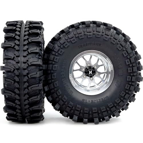 HOBBYSOUL 4pcs 1.9 Beadlock Wheels and Tires 121mm Tall, -10.5mm Negative Offset 1.9'' Rims and tyre for 1/10 RC Crawler SCX10 TRX4 Gen8 Upgrades - color: Silver