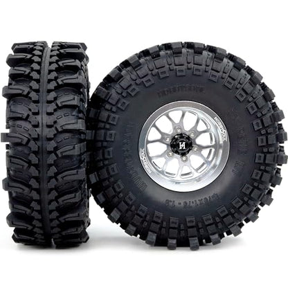 4pcs 1.9 Beadlock Wheels and Tires 121mm Tall, -10.5mm Negative Offset 1.9'' Rims and tyre for 1/10 RC Crawler SCX10 TRX4 Gen8 Upgrades - color: Silver
