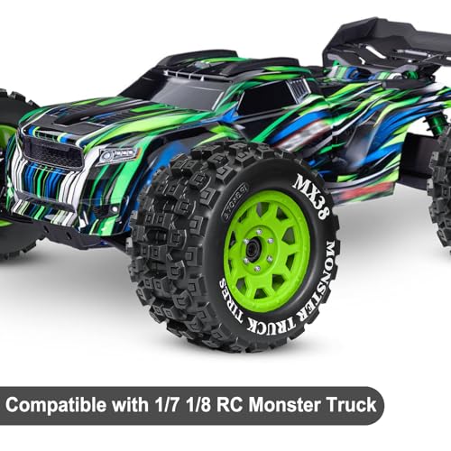 LRFHL MX38 F/R 3.8" RC Tires and Wheels with 17mm Hex Adapter, 4PCS, Green | 1/7 1/8 RC Monster Truck Tires, for Arrma Notorious Outcast Kraton 6S Traxxas E-Revo RC Car Upgrade - color: Black Tires+ Green Wheels