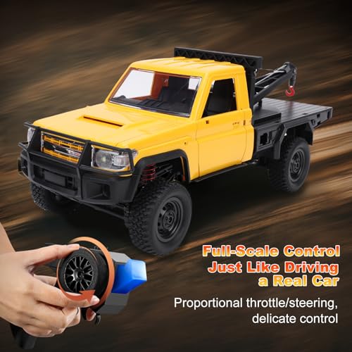 MN-82T RC Rock Crawler, 1:12 Scale 4WD Upgraded RC Truck with Crane Hook, 2.4Ghz Off Road Toy Pickup Truck with Lights, All Terrain Wrecker Vehicle for Teen Adults (Yellow) - color: Yellow
