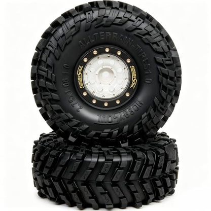 HOBBYSOUL 70 * 27mm All Terrain 1.0 Tires & Brass 1.0 beadlock Wheels Set - Adjustable Offset 1.0 Wheel and Soft Sticky 1.0‘’ tire for RC Crawler TRX4M SCX24 Upgrades, Black & White - color: Black & White