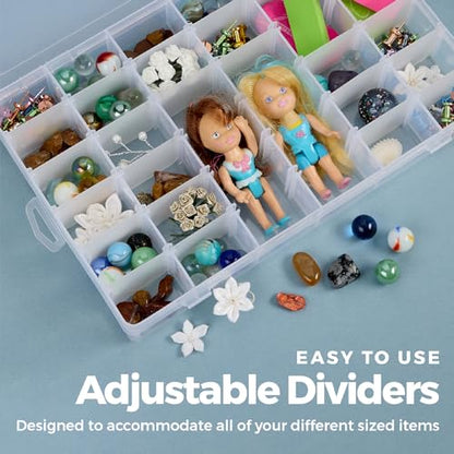 36 Grid Clear Plastic Organizer - Pack of 2- Bead Storage, Craft Organizer, DIY Small Parts Organizer, Jewelry Box, Fishing Tackle Box, Sewing, Nail Storage w/ Adjustable Dividers & 5 Sticker Labels