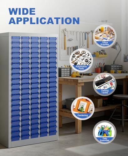 100-Drawer Small Parts Cabinet, Bolt Bins Organizer for Shop, Alloy Steel Frame & ABS Drawers Hardware Storage Cabinet with Label Stickers & Drawer Dividers for Garage Workshop