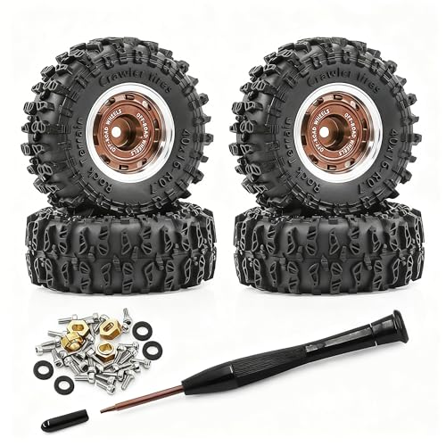 0.7” Wheel & Crawler Terrain Tire Set for 1/30 RC Crawler, -1.00mm Offset, Axial SCX30 & Redcat Ascent-32, CNC Aluminum Rims, 5mm Hex, Shims Screwdriver Included, Pre-Assembled, 4 pcs, Brown - color: Brown-1, size: Rock-trail-clean-out
