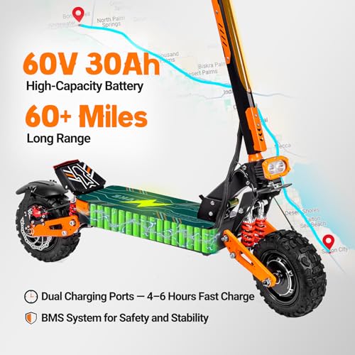 Electric Scooter for Adults 5600W Dual Motor 52MPH Max Speed 60 Miles Range | 60V 30Ah Battery, 11" Tubeless All Terrain Tires, Full Suspension,Detachable Seat,Foldable,Stable Off Road Sports E-Scooter