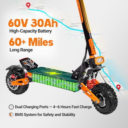 Electric Scooter for Adults 5600W Dual Motor 52MPH Max Speed 60 Miles Range | 60V 30Ah Battery, 11" Tubeless All Terrain Tires, Full Suspension,Detachable Seat,Foldable,Stable Off Road Sports E-Scooter