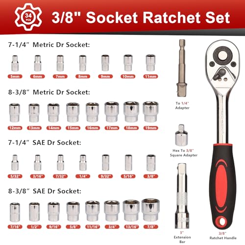 Egofine 34 Pieces 3/8 inch Drive Socket Ratchet Wrench Set, with Socket Set Metric/SAE and Extension Bar for Auto Repairing and Household, with Storage Case - style: 3/8" 34 PCS