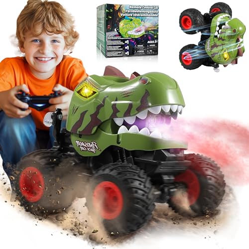 BEZGAR Monster Truck Toys - Remote Control Monster Truck with Spray, Light, Music, Dinosaur Toys for Kids, 1:20 Scale RC Truck with 360° Spins and Drifting, Remote Control Car for Boys 4-7 Camo Green - color: Camo Green