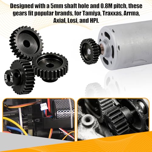 3-Pack Steel Metal 0.8M 5mm Pinion Motor Gear Sets 28T Compatible with HPI Kyosho Losi Axial Tamiya 1/8 1/10 RC Car Monster Truck Buggy, 0.8 Module Gear for Traxxsa Arrma - style: 3Pcs 28T