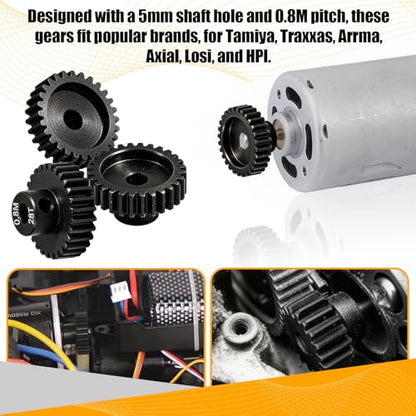 3-Pack Steel Metal 0.8M 5mm Pinion Motor Gear Sets 28T Compatible with HPI Kyosho Losi Axial Tamiya 1/8 1/10 RC Car Monster Truck Buggy, 0.8 Module Gear for Traxxsa Arrma - style: 3Pcs 28T