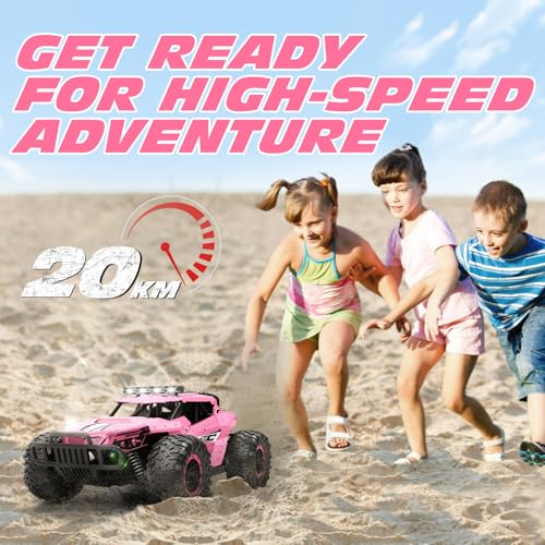 Tecnock Pink RC Car 1/16 Scale Remote Control Car for Girls, High Speed 20 Km/h All Terrains Rc Monster Truck with Two Rechargeable Batteries & Head Chassis Lights Gift Toy for Kids Adults - color: Pink