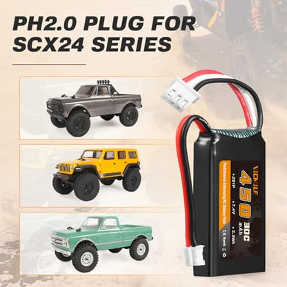 SCX24 Battery 7.4V 450mAh Lipo Battery 2S 30C Rechargeable Lipos with PH2.0 Plug Fit for Most 1/10, 1/16, 1/18, 1/24 Scale RC Cars Trucks