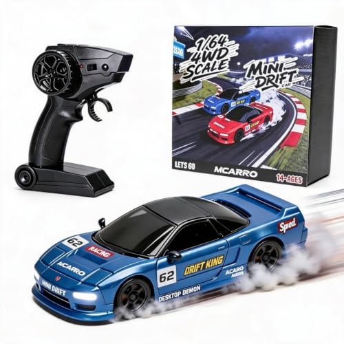 1/64 Scale Mini RC Drift Car, 60 Mins Playtime 2.4GHz Remote Control Car with 2-Speed Modes & LED Lights, Micro 4WD RC Stunt Race Car, (Blue) - color: Blue