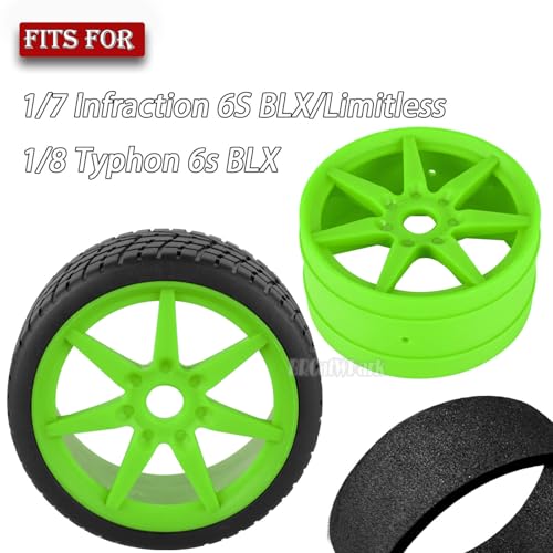 RC Highway Tires Wheel for 1/7 Infraction 6S BLX/Limitless,1/8 Typhon 6s BLX,7 Spokes Wheel Rim & Rubber Highway Tires RC Drift Tires,Green - color: Green - (4pcs Highway Tires)
