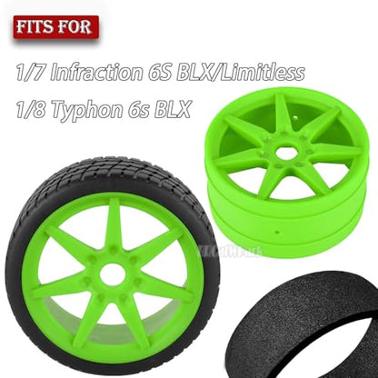 RC Highway Tires Wheel for 1/7 Infraction 6S BLX/Limitless,1/8 Typhon 6s BLX,7 Spokes Wheel Rim & Rubber Highway Tires RC Drift Tires,Green - color: Green - (4pcs Highway Tires)