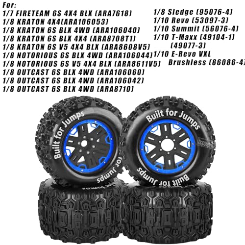 RC Truck Tires 1/8 17mm Hex RC Wheel Tires for 1/8 Monster Truck Tires Traxx as/Arrm a 6S/Summi t/ERveo/Redc at/HPI JLB Cheetah RC Off-Road etc,Hard Plastic Rubber Tyres,Blue&Black - color: Blue With Black（4PCS)