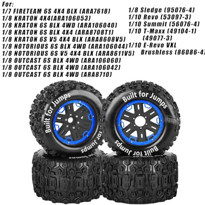 RC Truck Tires 1/8 17mm Hex RC Wheel Tires for 1/8 Monster Truck Tires Traxx as/Arrm a 6S/Summi t/ERveo/Redc at/HPI JLB Cheetah RC Off-Road etc,Hard Plastic Rubber Tyres,Blue&Black - color: Blue With Black（4PCS)
