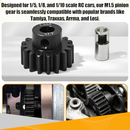 M1.5 17T Pinion Gear 8mm Bore with 8mm to 5mm Shaft Adapter Sleeve, Chromium Steel Motor Gear with Set Screw & Hex Key for Traxxas ARRMA Losi 1/5 1/8 RC Cars - size: 17T