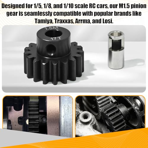 M1.5 17T Pinion Gear 8mm Bore with 8mm to 5mm Shaft Adapter Sleeve, Chromium Steel Motor Gear with Set Screw & Hex Key for Traxxas ARRMA Losi 1/5 1/8 RC Cars - size: 17T